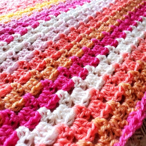 Crochet BABY BLANKET AFGHAN GRANNY SQUARE 29"x 29" PINK YELLOW ORANGE WHITE - Picture 5 of 9